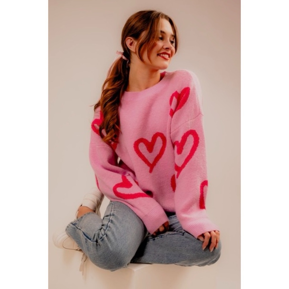 Le Lis Pink Heart Patterned Oversized Sweater